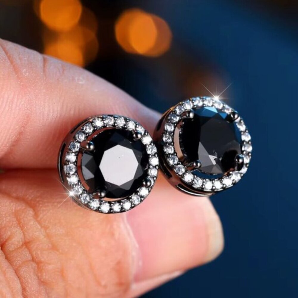 NEW 14k Black Gold Black Sapphire Diamond Stud Earrings Round Cut - Picture 3 of 6